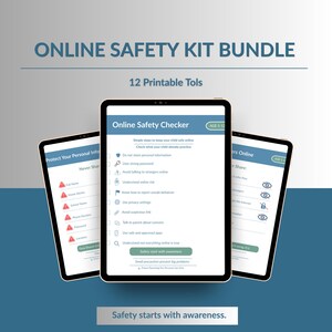 May include: An image of three tablets displaying an "Online Safety Kit Bundle." The tablets show checklists and tips for online safety, including "Protect Your Personal Info" and "Online Safety Checker." The text "Safety starts with awareness" is also visible.