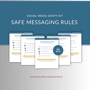 Può includere: Grafica verde acqua con il testo "SOCIAL MEDIA SAFETY KIT" e "SAFE MESSAGING RULES". Diverse pagine bianche mostrano linee guida di sicurezza, tra cui "Manda messaggi solo alle persone che conosci" e "Non condividere mai la password".