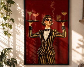 Mid Century Bar Wall Art, Retro Woman Print, Cocktail Lounge Decor, Smoking Lady Art