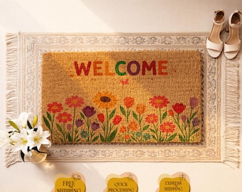 Welcome Doormat, Sunflower Wildflower Floral Coir Entryway Decor
