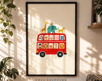 Nursery Animal Framed Poster, Baby Room Decor, Safari Bus Wall Art, Toddler Room Print