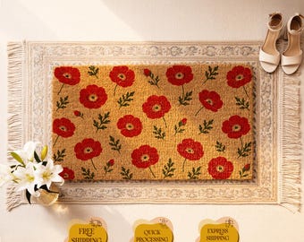 Red Poppy Coir Doormat, Cottagecore Floral Welcome Mat, Wildflower Entryway Decor