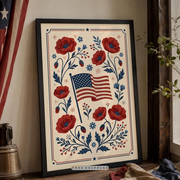 American Flag Framed Print, Floral Wall Frame Patriotic Mom Gift, 250th Anniversary