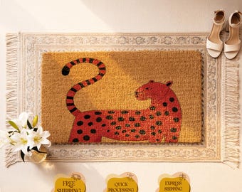 Leopard Coir Doormat, Whimsical Animal Mat, Modern Folk Art Porch Decor, Animal Lover Gift