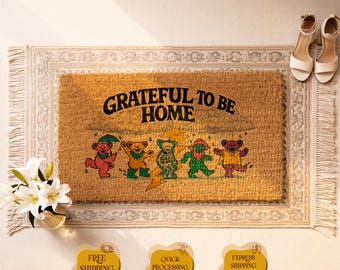 Grateful to Be Home Doormat, Retro Dancing Bears Coir Mat, Hippie Welcome Entryway Decor