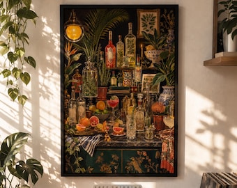 Vintage Cocktail Bar, Dark Academia Kitchen Wall Art, Maximalist Botanical Framed Print