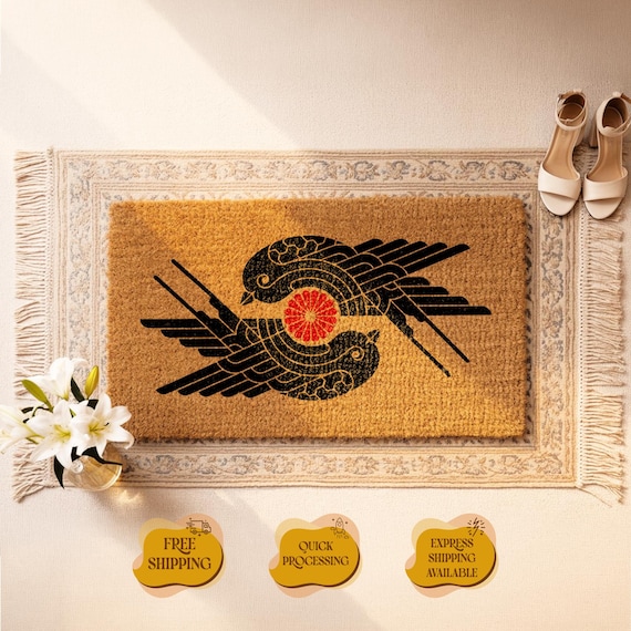 Mid Century Bird Coir Doormat, Art Deco Welcome Doormat, Geometric Porch Decor, Housewarming Gift