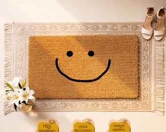 Natural Coir Smiley Face Doormat, Minimalist Happy Face Porch Decor