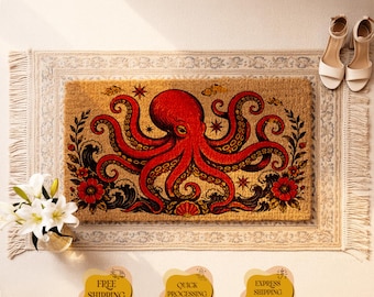Red Octopus Doormat, Folk Art Coastal Decor, Beach House Welcome Mat, Nautical Home Gift