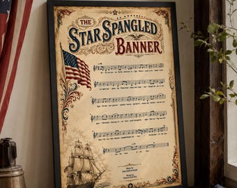 National Anthem Print, USA Flag Framed Print, Vintage Patriotic Wall Art, 250th Anniversary Gift