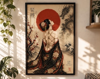 Shibari Wall Art, Edo Inspired Japanese Artwork, Ukiyo-e Style, Geisha Art Print