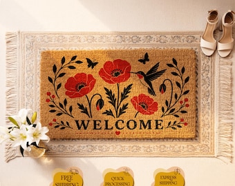 Hummingbird and Poppy Doormat, Floral Coir Mat, Porch Decor, Botanical Entryway Gift