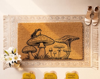 Frog Mushroom Coir Doormat, Whimsical Forest Welcome Mat, Nature Entryway Decor