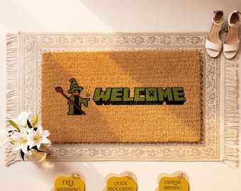 Pixel Wizard Welcome Doormat, Gamer Coir Entryway Mat, Retro Game Porch Decor, Housewarming Gift
