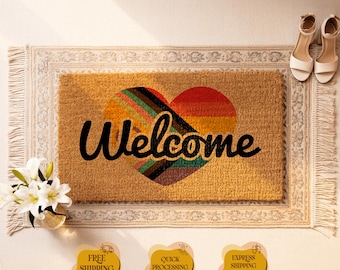 Happy Pride Doormat, Rainbow Welcome Coir Mat, LGBTQ Front Door Decor