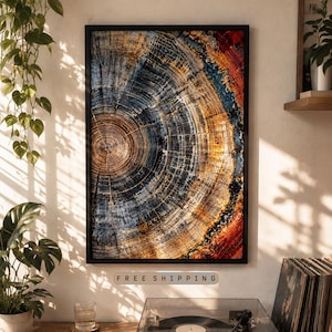 May include: A framed art print featuring a cross-section of a tree trunk, showcasing concentric rings in shades of brown, blue, and orange. The artwork is displayed in a black frame, with the text "FREE SHIPPING" visible at the bottom.