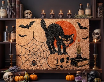 Halloween Doormat, Black Cat Coir Mat, Spooky Season Welcome Mat, Creepy Fall Porch Decor