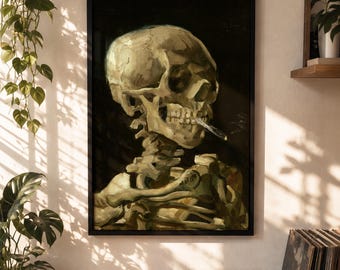 Van Gogh Skeleton Print, Skull with Burning Cigarette, Gothic Home Decor, Halloween Wall Art
