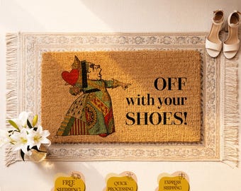 Queen of Hearts Doormat, Whimsical Wonderland Entryway Decor, Natural Coir Mat