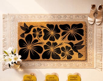 Modern Floral Doormat, Black Botanical Coir Mat, Tropical Flower Welcome Mat, Minimal Entryway Decor, Unique Housewarming Gift