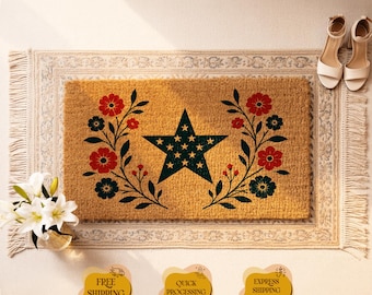 Americana Star Doormat, Patriotic Coir Doormat, Floral Entryway Gift, 4th of July Porch Decor