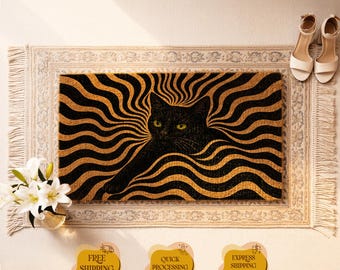 Trippy Black Cat Doormat, Coir Welcome Mat, Gothic Cat Decor, Optical Illusion Entryway Gift