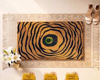 Natural Coir Evil Eye Doormat, Protection Welcome Mat, Boho Porch Decor