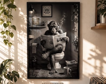 Monkey on Toilet Wall Art, Funny Bathroom Decor, Quirky Restroom Decor, Whimsy Animal Poster
