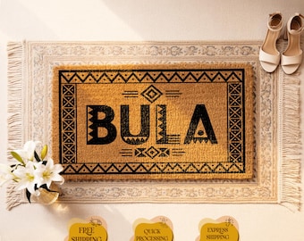 Bula Welcome Doormat, Fijian Coir Doormat, Aztek Tribal Pattern, Geometric Porch Decor