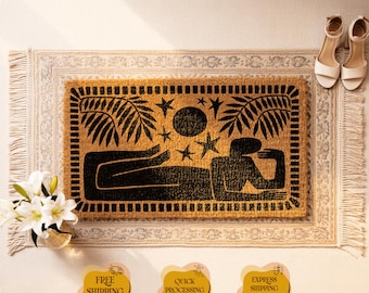 Matisse Inspired Doormat, Tribal Coir Mat, Welcome Doormat, Celestial Entryway Decor, Abstract Female Art