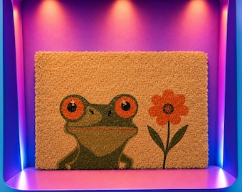 Frog Doormat, Funny Welcome Mat, Whimsical Coir Door Mat, Flower Porch Decor