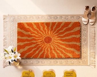 Retro Sunburst Coir Doormat, Mid Century Modern Welcome Mat, Sunrise Porch Decor
