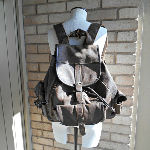Vintage Brown Nubuck Leather Drawstring Backpack Back Pack
