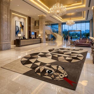 May include: A large rectangular area rug featuring a geometric snake pattern in shades of brown, beige, and cream, with a prominent red tongue. The rug is placed on a polished marble floor in a spacious hotel lobby with chandeliers and furniture.