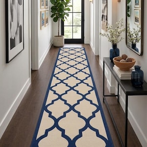 Modern Blue & Ivory Geometric Runner Rug for Office Corridor, Hallway, Entryway  Creative Workspace Decor