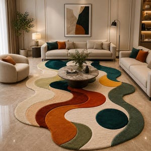 May include: A large area rug featuring a wavy, organic shape with a multi-colored pattern. The design incorporates flowing bands of deep teal, burnt orange, mustard yellow, and cream, creating a layered, abstract composition on the floor.