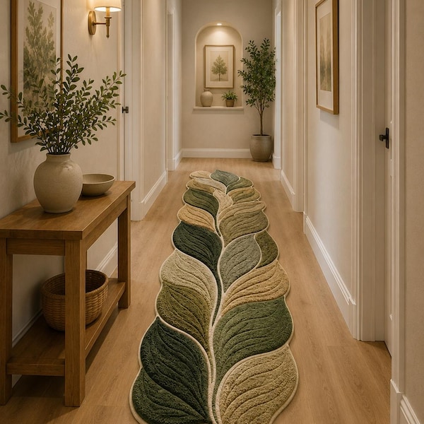 Leaf Runner Rug | Botanical Green Area Carpet, Contemporary Home Décor