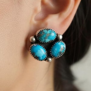 Genuine Turquoise Studs - 925 Sterling Silver Studs - Half Cluster Studs - Oval Shaped Turquoise Studs - Turquoise Statement Studs