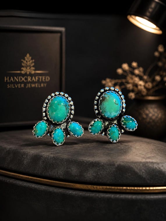 Kingman Mohave Turquoise Cluster Studs, Genuine Turquoise Studs Earrings, 925 Sterling Silver Earrings, Handmade Southwestern Jewelry women