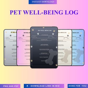 May include: A digital pet well-being log displayed on five tablets. The logs are in various colors, including gray, pink, black, white, and blue. Each log features paw prints and a bone graphic. Text includes "Pet Well-Being Log" and "Pet Information."
