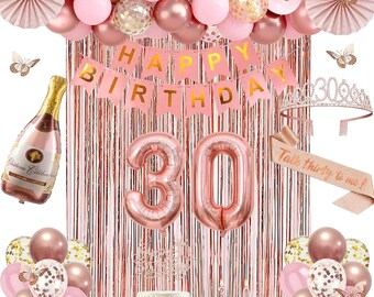 30th Birthday Decorations Rose Gold Pink Party Set with Sash Crown Balloons