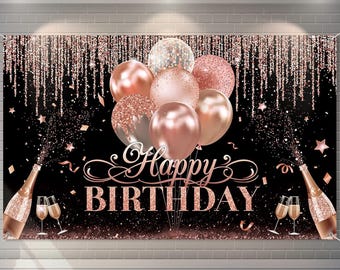 Black Gold Happy Birthday Backdrop 70x43in Party Banner Photo Booth Wall Decor Women Girls