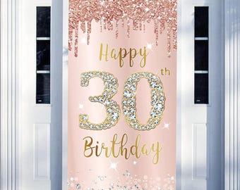 30th Birthday Door Banner Pink Rose Gold Party Backdrop Decorations for Her