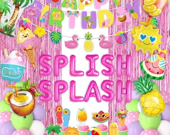 Summer Pool Party Decorations: Splish Splash Birthday Banner, Tropical Luau Balloons