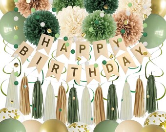 Sage Green Birthday Party Decorations Kit Banner Balloons Tassel Garland Pompoms Swirls Decor Set