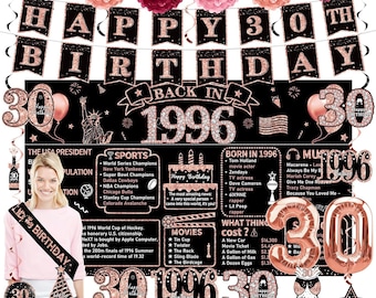 30th Birthday Decorations Rose Gold 1996 Party Banner Backdrop Decor Set