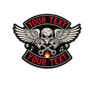 May include: Embroidered patch with a skull, pistons, and wings design. The patch features the text "YOUR TEXT" in red on a black background. Additional details include musical notes and a flame.