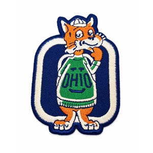 Op de afbeelding: Geborduurde patch met een cartoon tijger die een groene trui draagt met "OHIO" erop gedrukt. De tijger is oranje en wit, tegen een blauwe en witte rechthoekige achtergrond. De patch is ontworpen voor kleding.