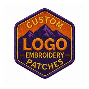 May include: Embroidered patch with a hexagonal shape. The patch features the text "CUSTOM LOGO EMBROIDERY PATCHES" in orange lettering. The background has a mountain scene in purple and orange, with a dark purple border.