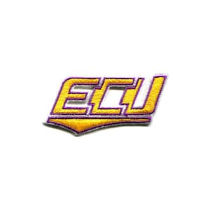 May include: A patch with the letters "ECU" in gold with a purple outline. The letters are in a stylized design. The patch is set against a white background and has a curved base.